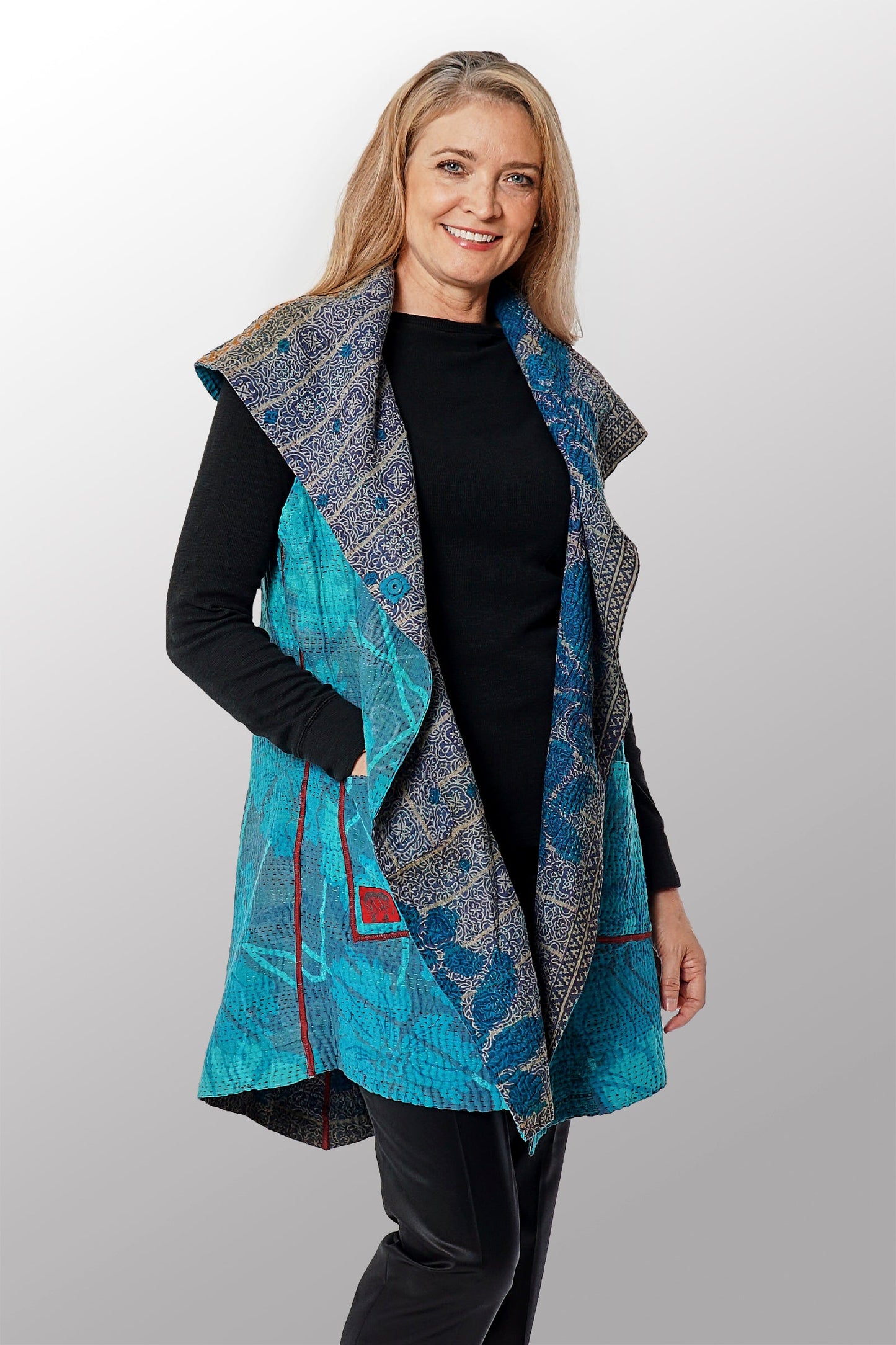 COTTON OVERDYE KANTHA CIRCULAR VEST - ov4201-ctel003a -