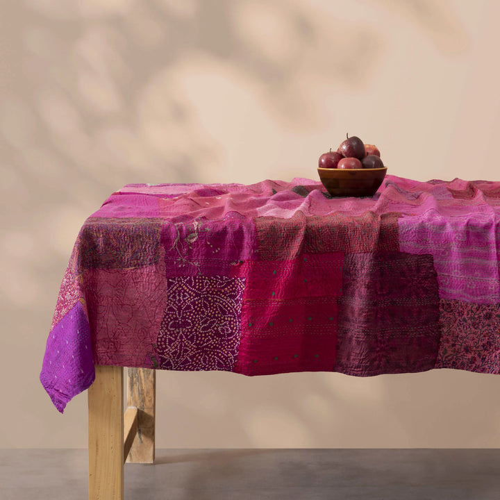 Printed Fray Vintage Cotton Kantha Table Cover  -Pink