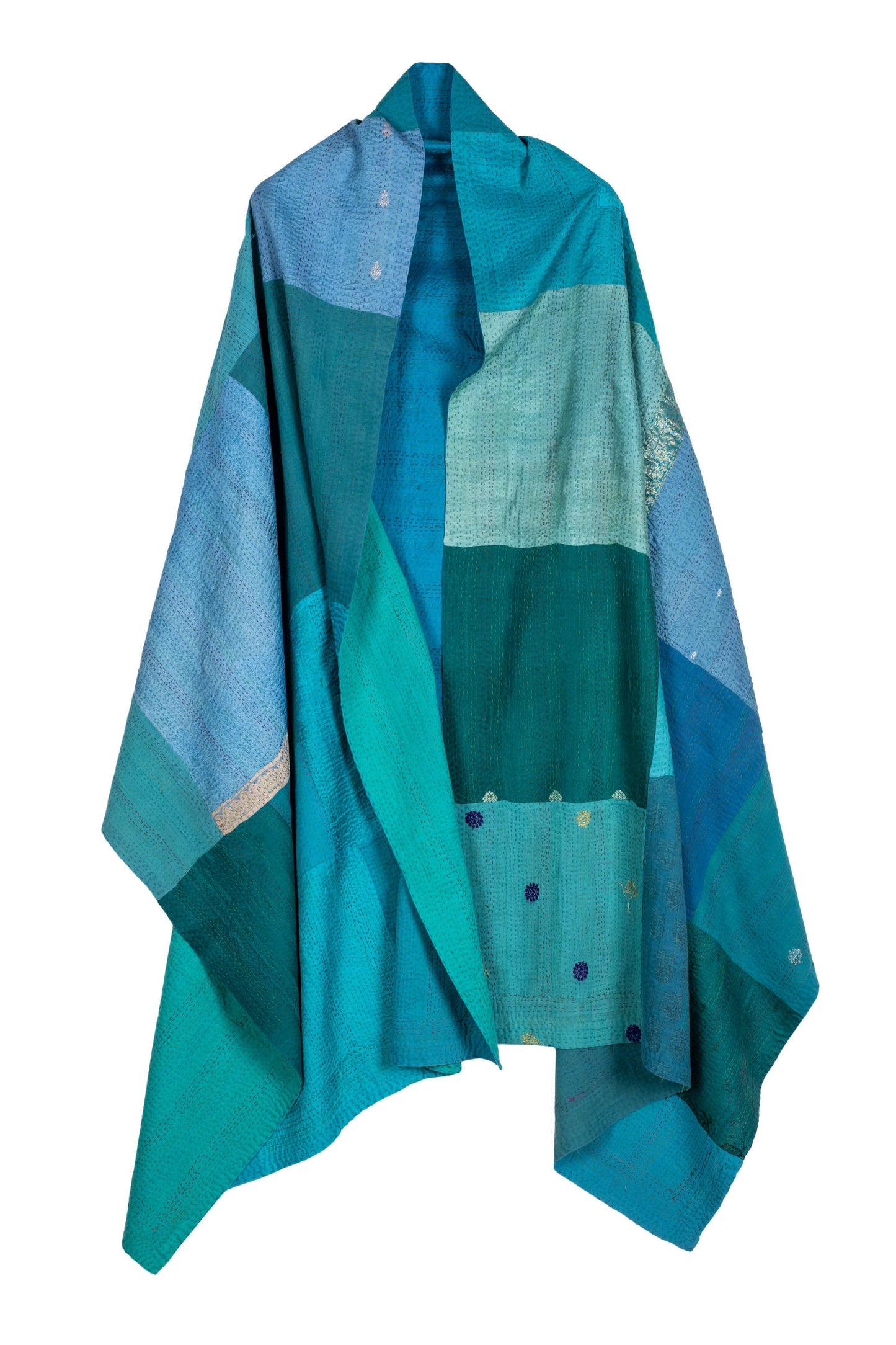 COTTON SILK SW PATCH KANTHA SHAWL LARGE - ws2803-tuq -