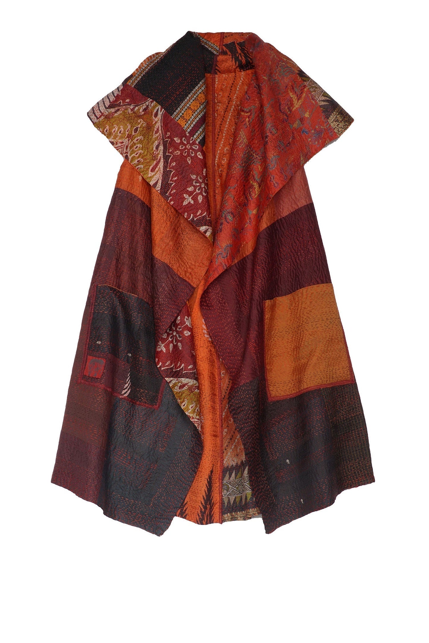 VINTAGE SILK PATCH KANTHA CIRCULAR VEST - vp2201-org -