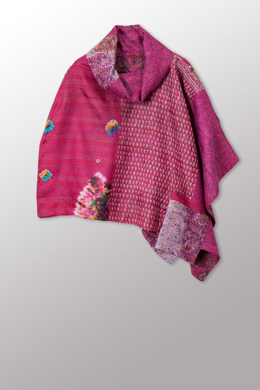 VINTAGE SILK KANTHA COWL NECK LONG CAPE - sv2842-0025a -