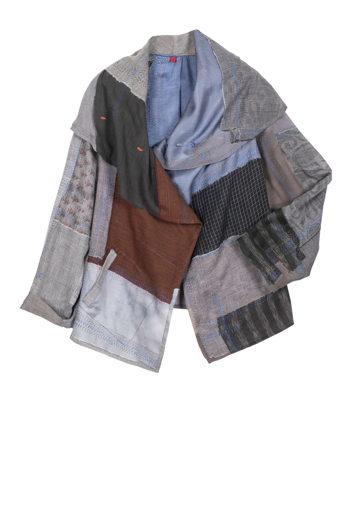 MOSAIC TILE PATCH KANTHA SCARF NECK BLOUSE - mt1561-gry -