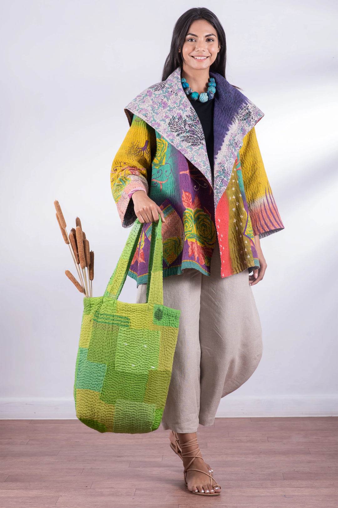 Mosaic Fray Handmade Vintage Kantha Tote Bag - Lime Green