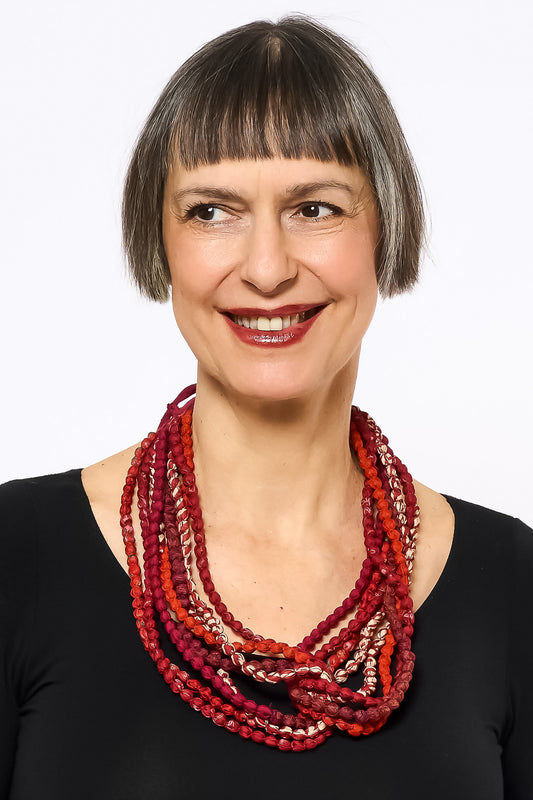 VINTAGE SILK KANTHA SEED NECKLACE - sv2721-red -