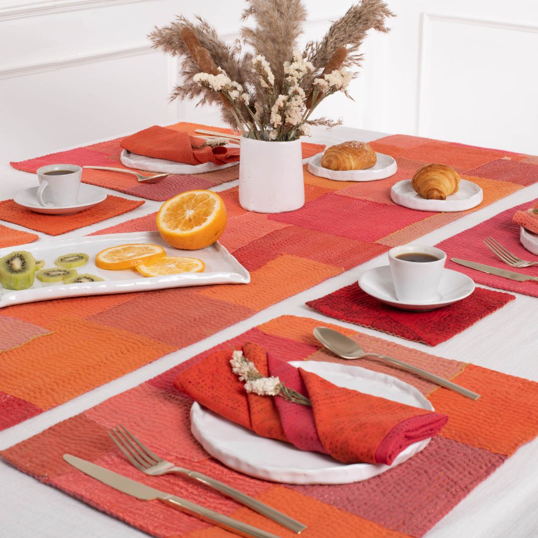 Mosaic Fray Handmade vintage Kantha Coaster - Carrot (Set of 2)