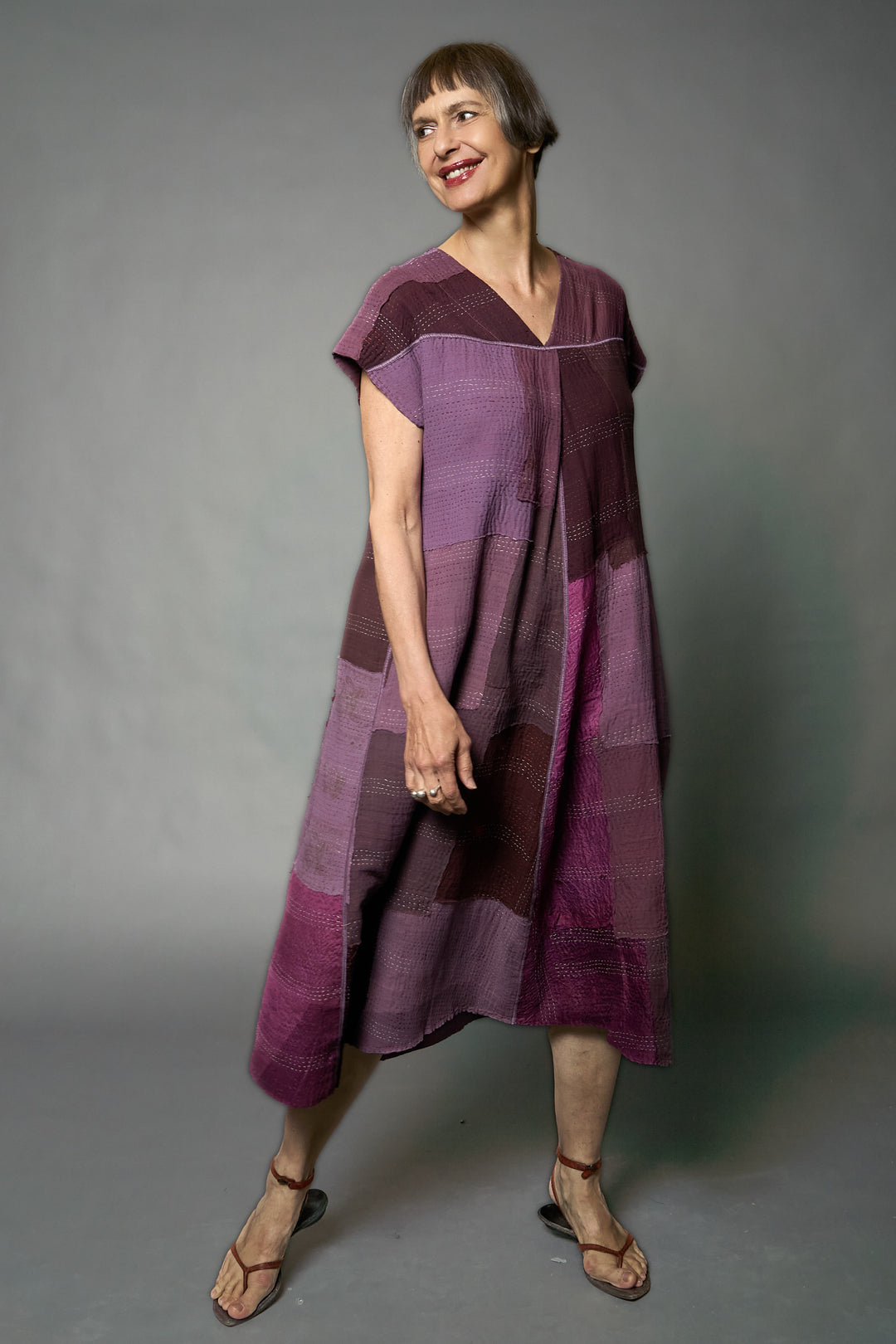 MOSAIC FRAY PATCH KANTHA V-NECK FRENCH SLV. DRESS - zb2467-prp -