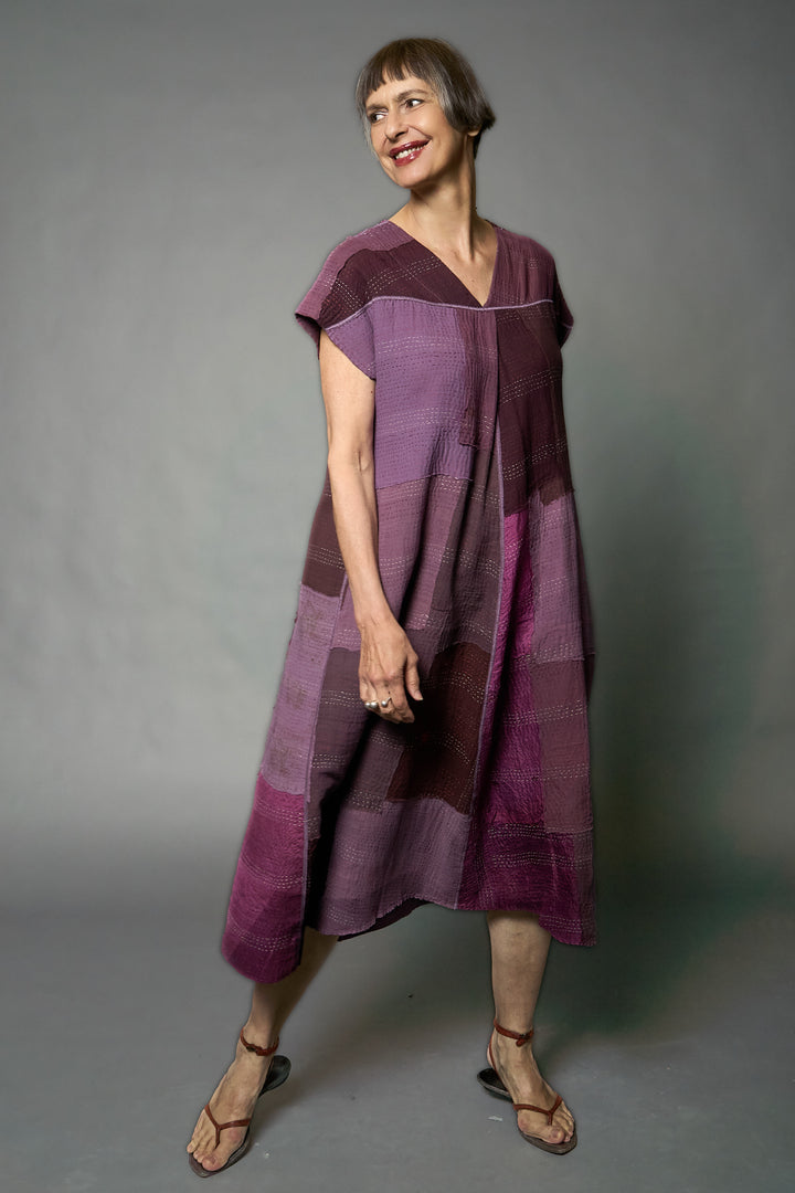 MOSAIC FRAY PATCH KANTHA V-NECK FRENCH SLV. DRESS - zb2467-prp -