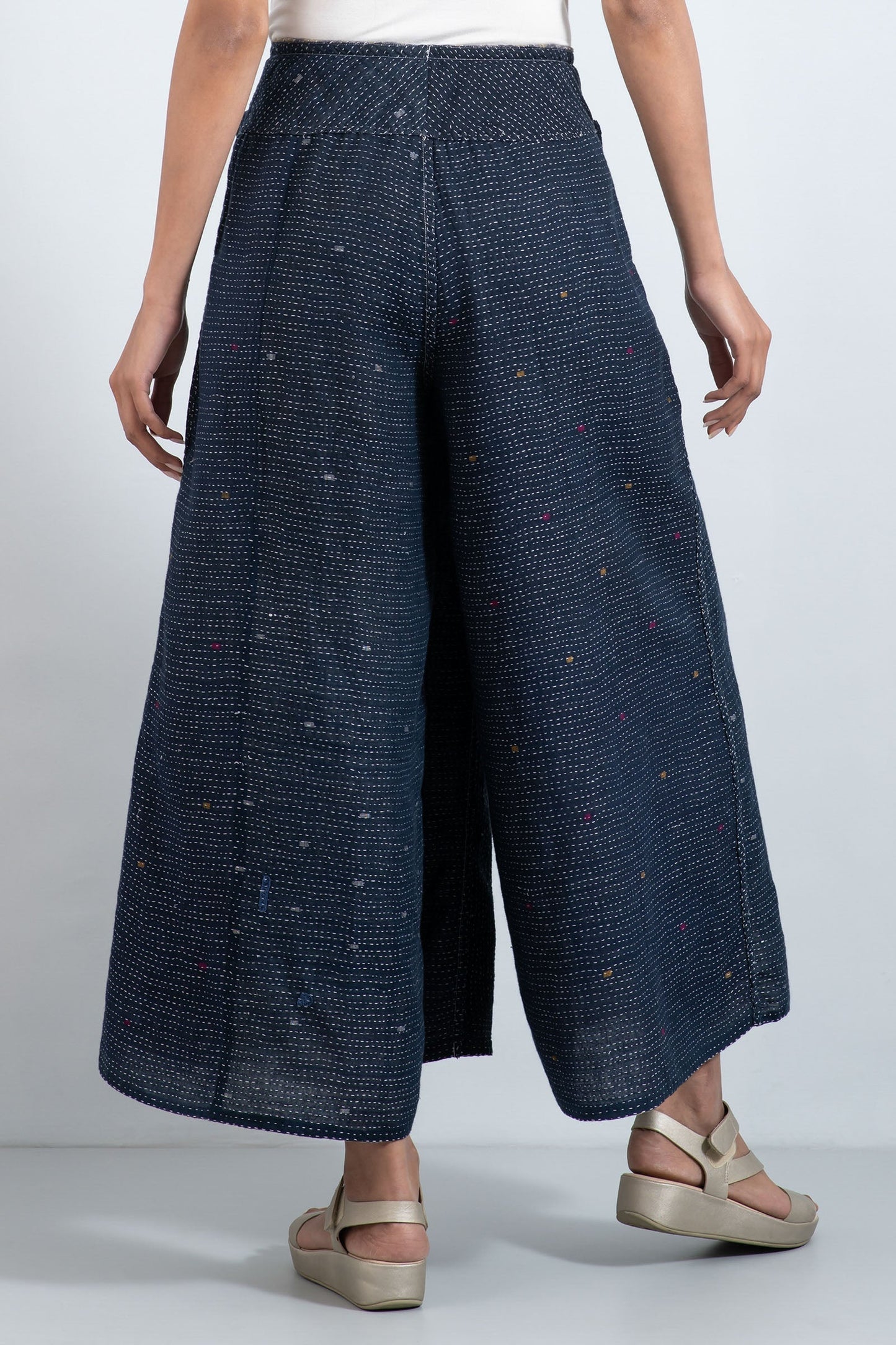 INDONESIAN PRINT VINTAGE INDIGO BACKING KANTHA FRONT WRAP PANTS - bi2631-blu -