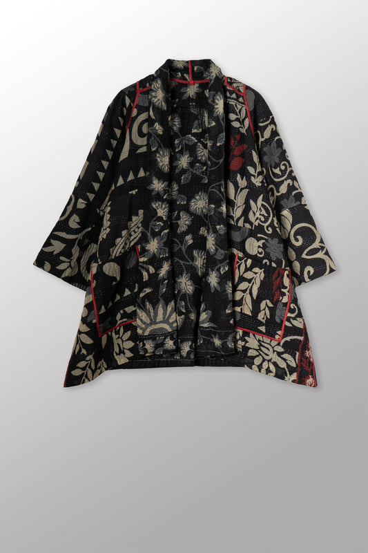 BLACK AND WHITE PRINT PATCH KANTHA A-LINE JACKET - pn4003-red -