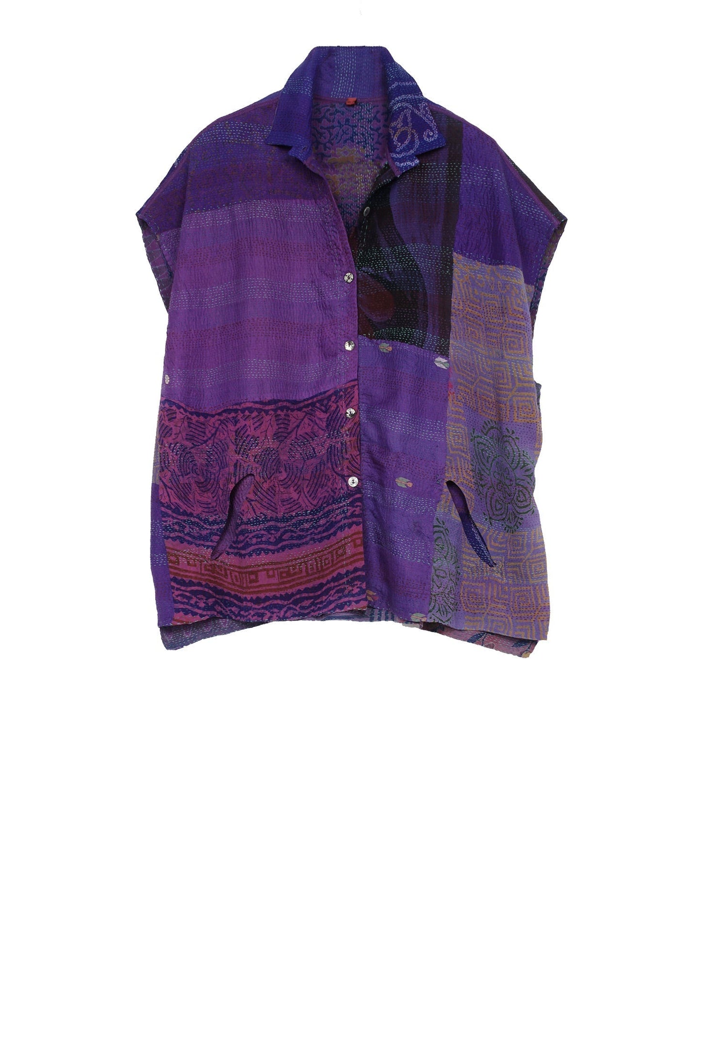 GEORGETTE VINTAGE SILK PATCH KANTHA CAP SLV. SHIRT - gs2530-prp -