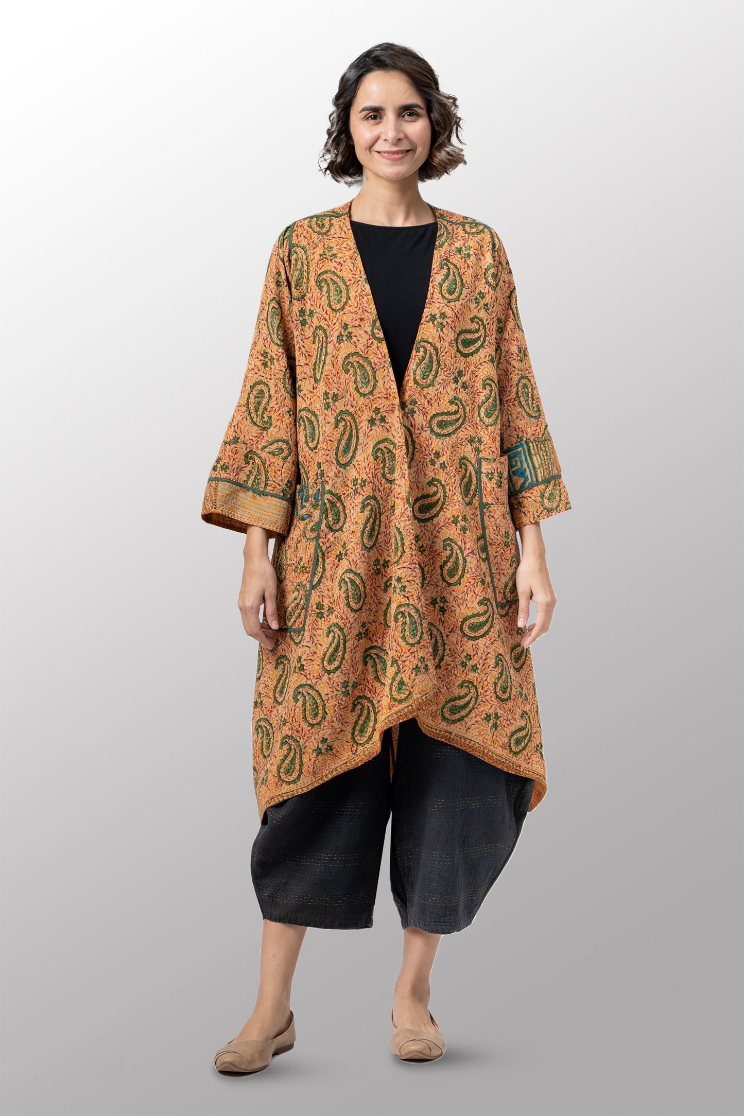 VINTAGE SILK GEORGETTE COTTON KANTHA WRAP FLARE COAT - gc2330-0001a -