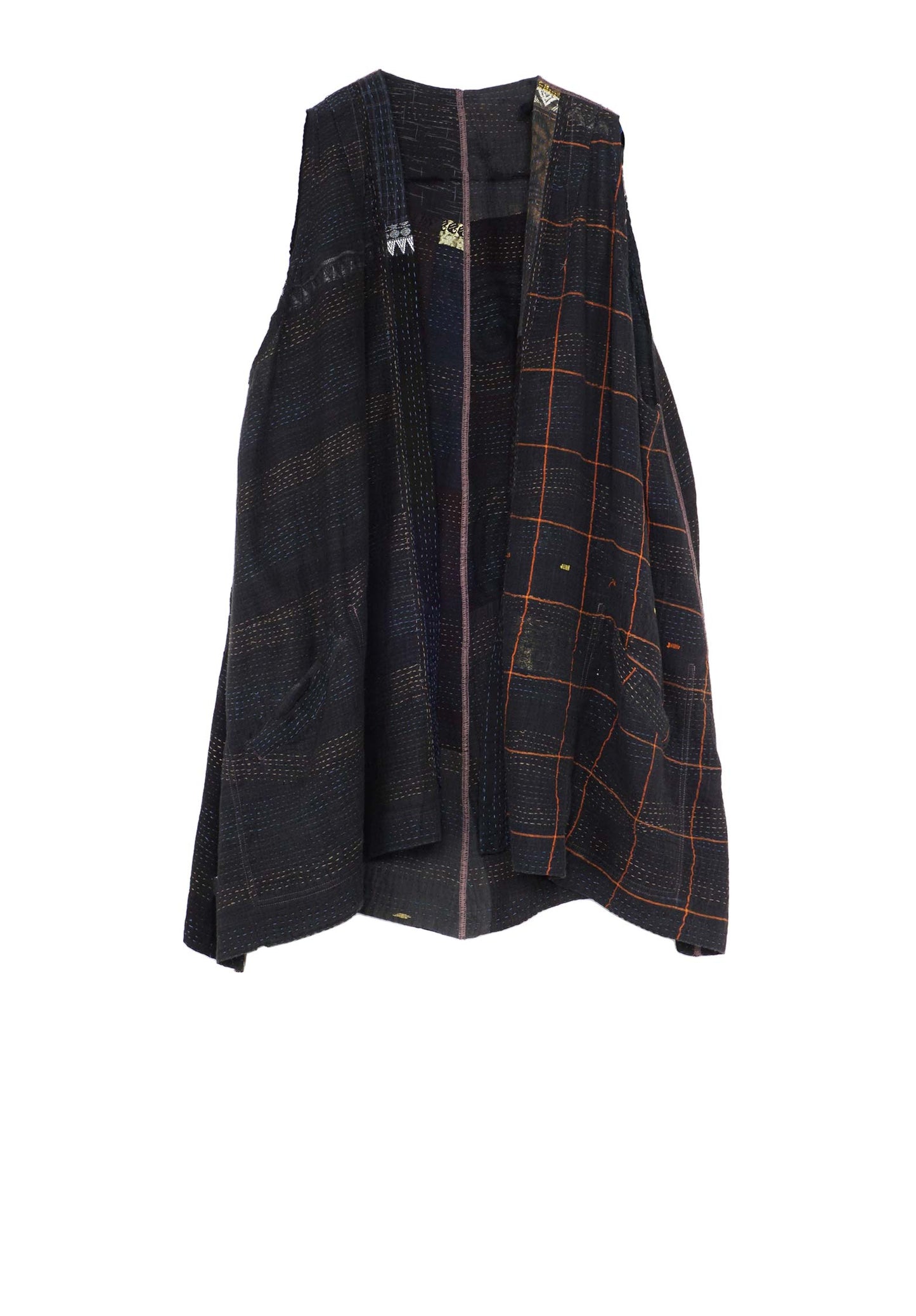 COTTON SILK SW PATCH KANTHA BELL SHAPE LONG VEST - ws2225-blk -