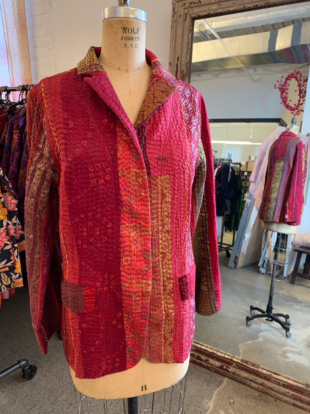 JEWEL WOVEN WITH VERTICAL PATCH KANTHA BASIC JACKET - jv4052-red -