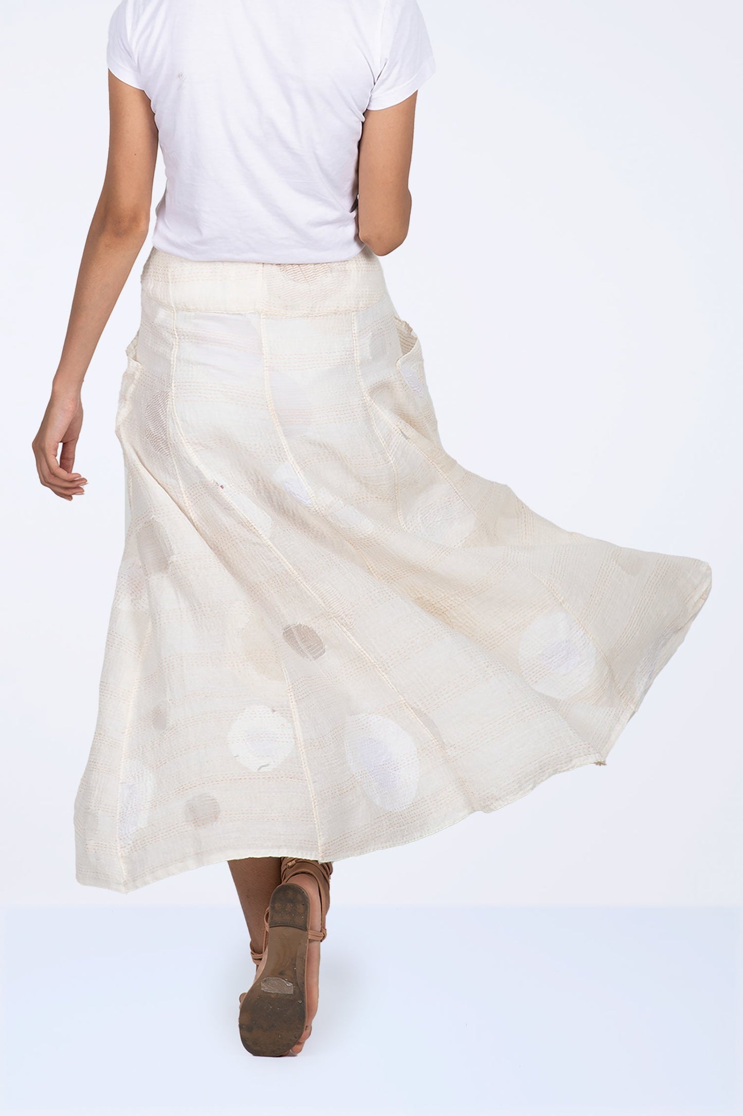 CUT THROUGH DOT AND HOLES KANTHA PANELED FLARE SKIRT - cd2630-ivy -