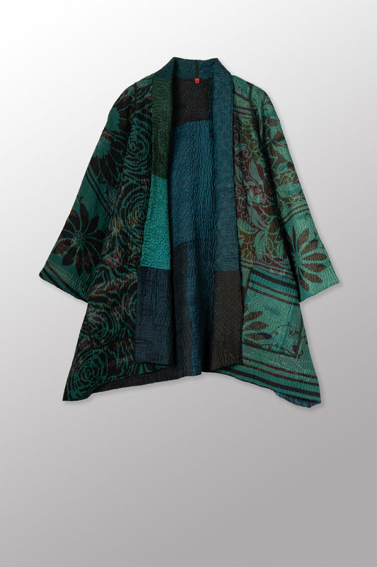 EMERALD GREEN KANTHA A-LINE JACKET - eg4003-tel -