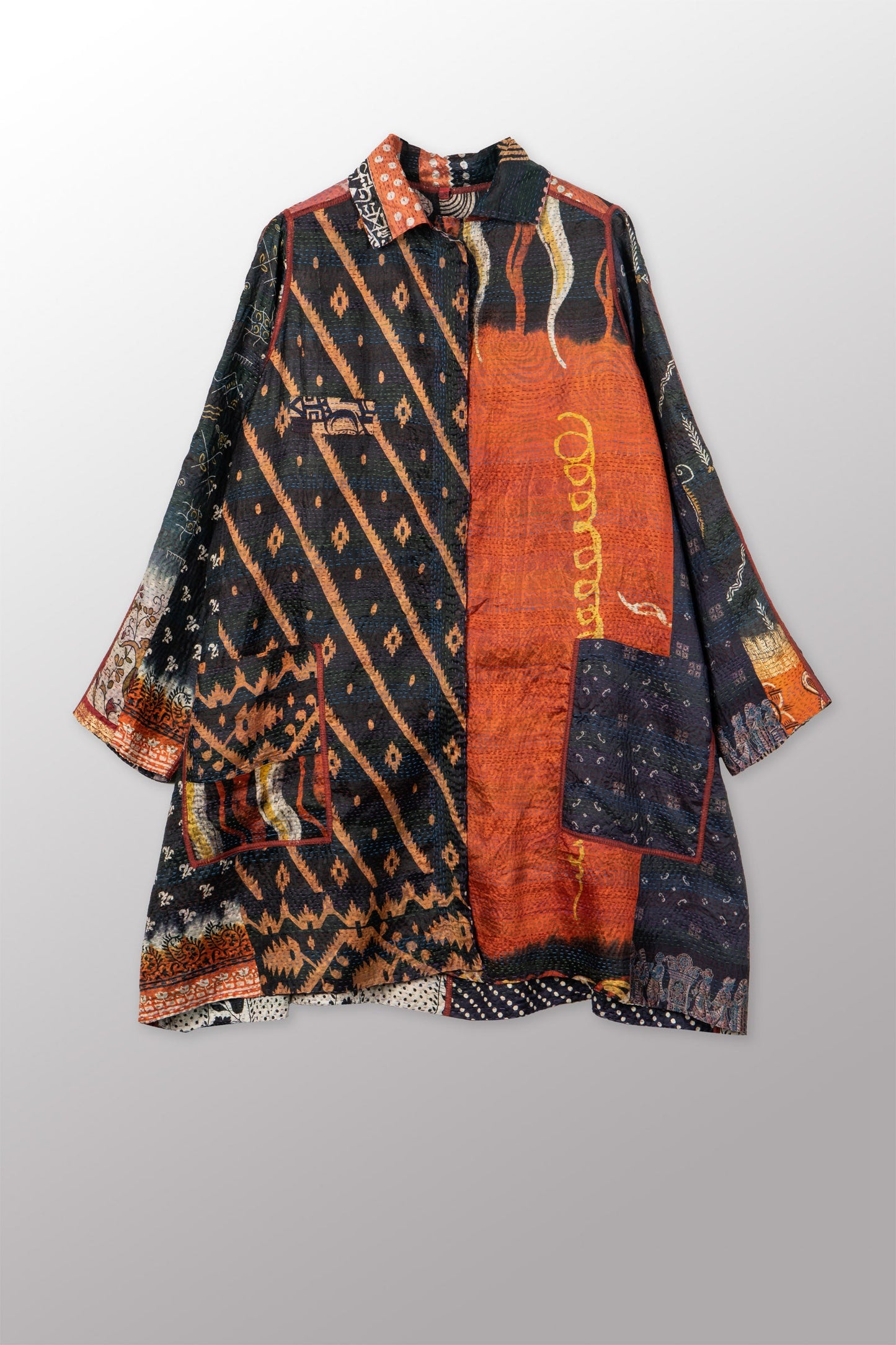 VINTAGE SILK KANTHA A-LINE DUSTER - sv2311-0013a -