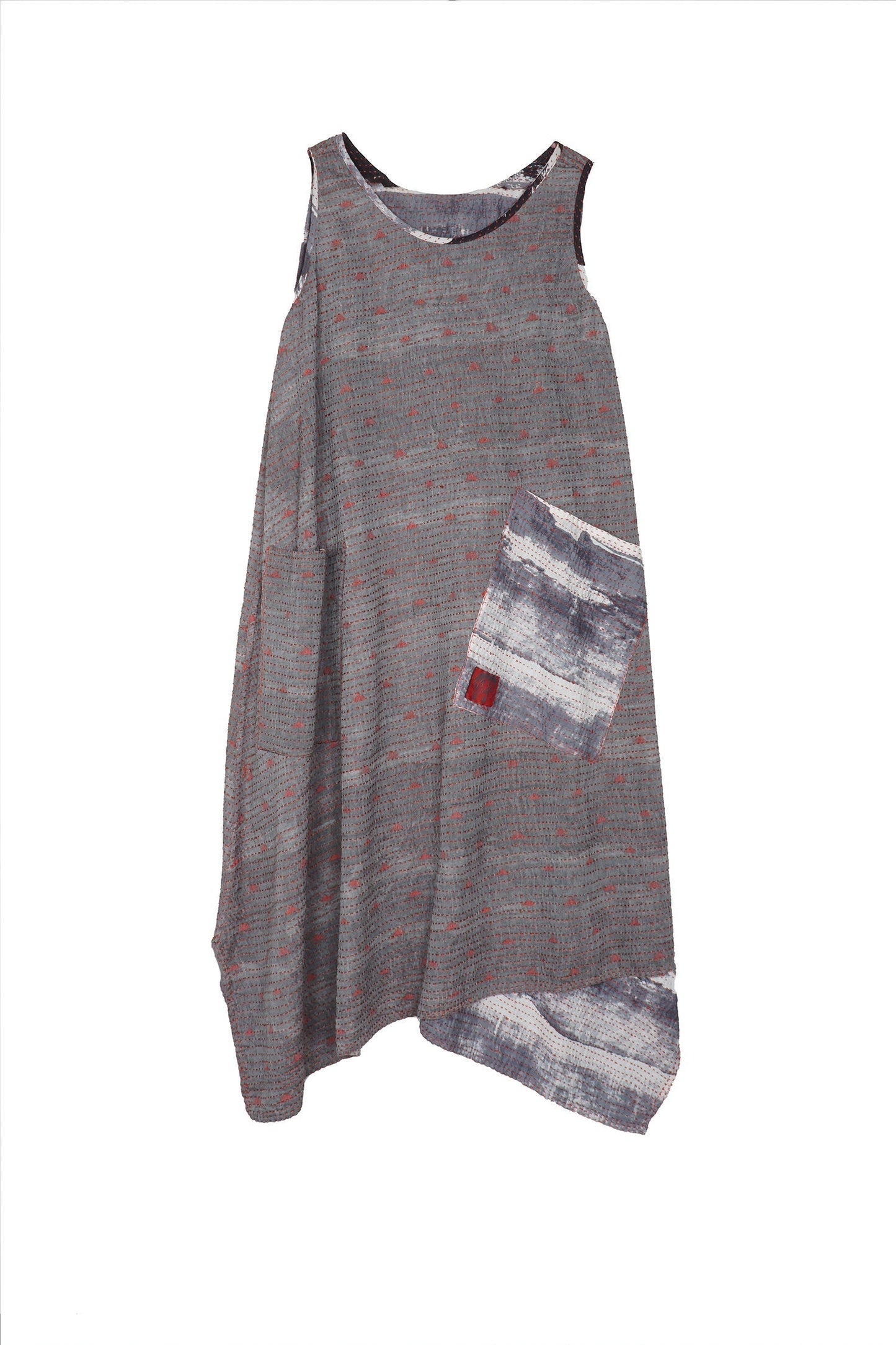 PLANK PRINT KANTHA POINTY HEM DRESS - lb2415-gry -