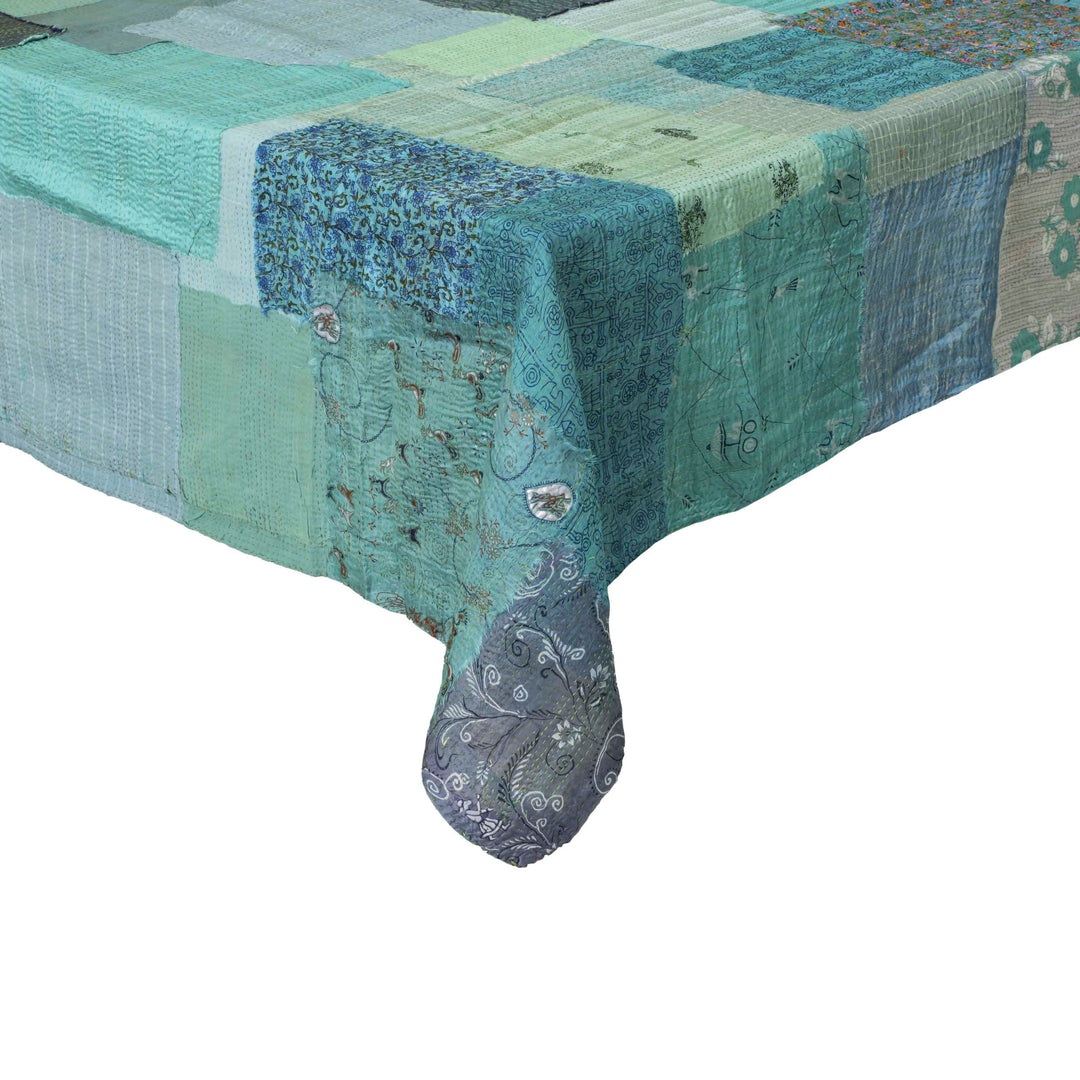 Printed Fray Vintage Cotton Kantha Table Cover - Sage