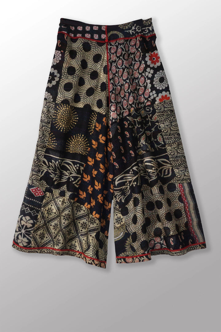 PATCH &amp; CIRCLE PRINT KANTHA WIDE LEG PANTS - pc2623-blk -