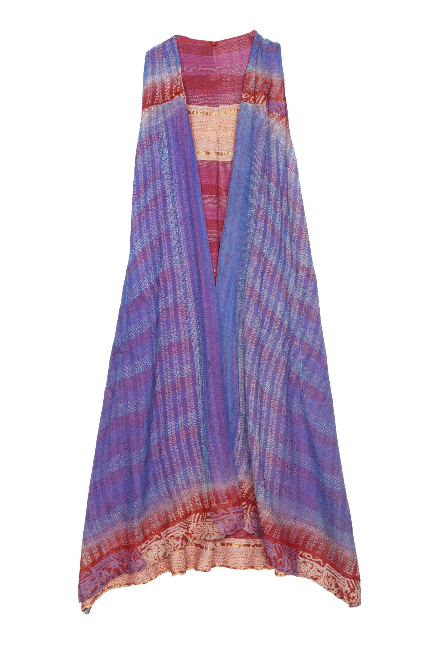 VINTAGE SILK GEORGETTE COTTON KANTHA BACK PLEATED VEST MAXI - gc2222-9002a -