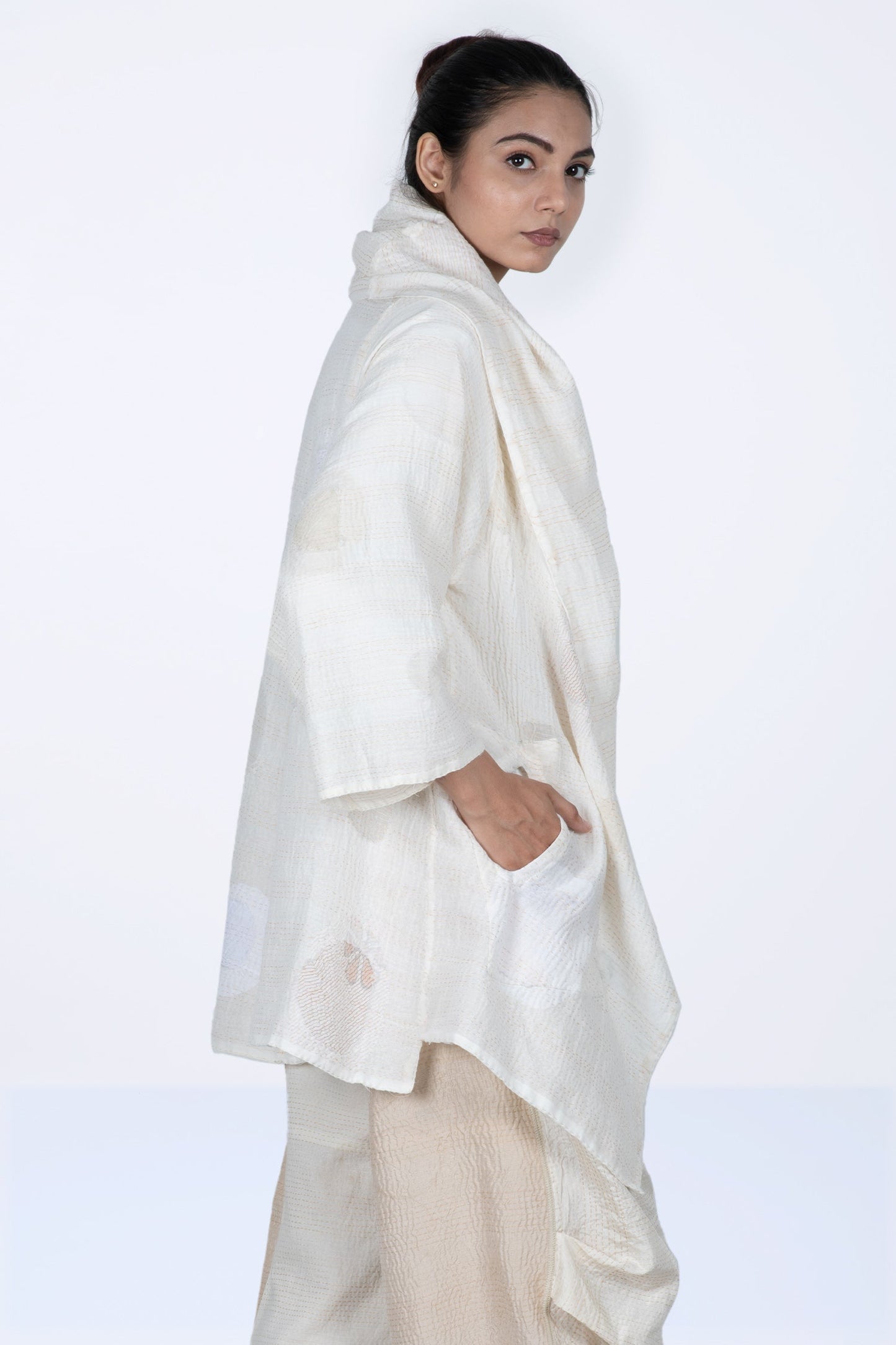 CUT THROUGH DOT AND HOLES KANTHA HOODED A-LINE JKT - cd2050-ivy -