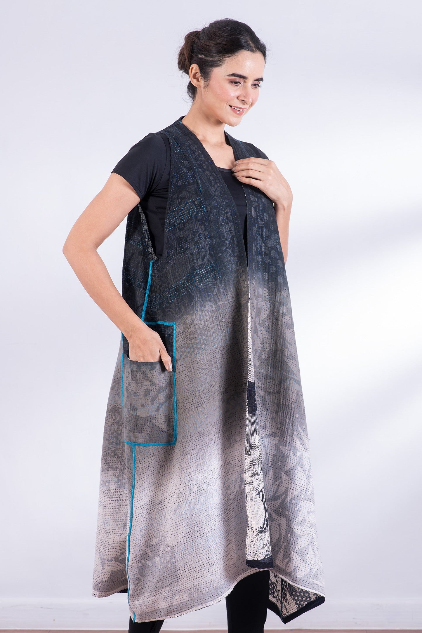 MONOTONE TWILIGHT PRINT KANTHA BACK PLEATED VEST MAXI - tp2222-blk -