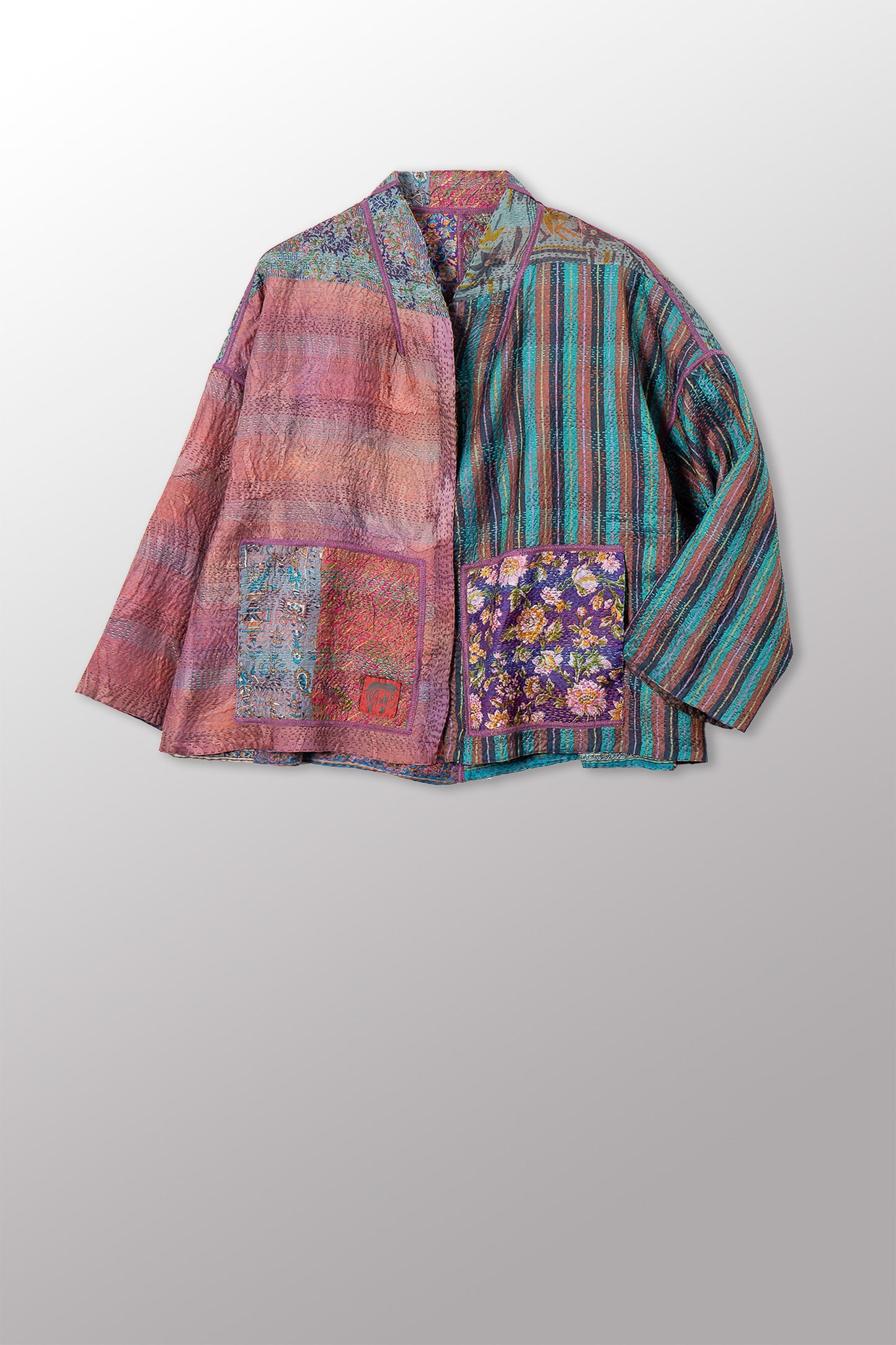 VINTAGE SILK KANTHA STAND COLLAR CROPPED JKT - sv2034-0017a -