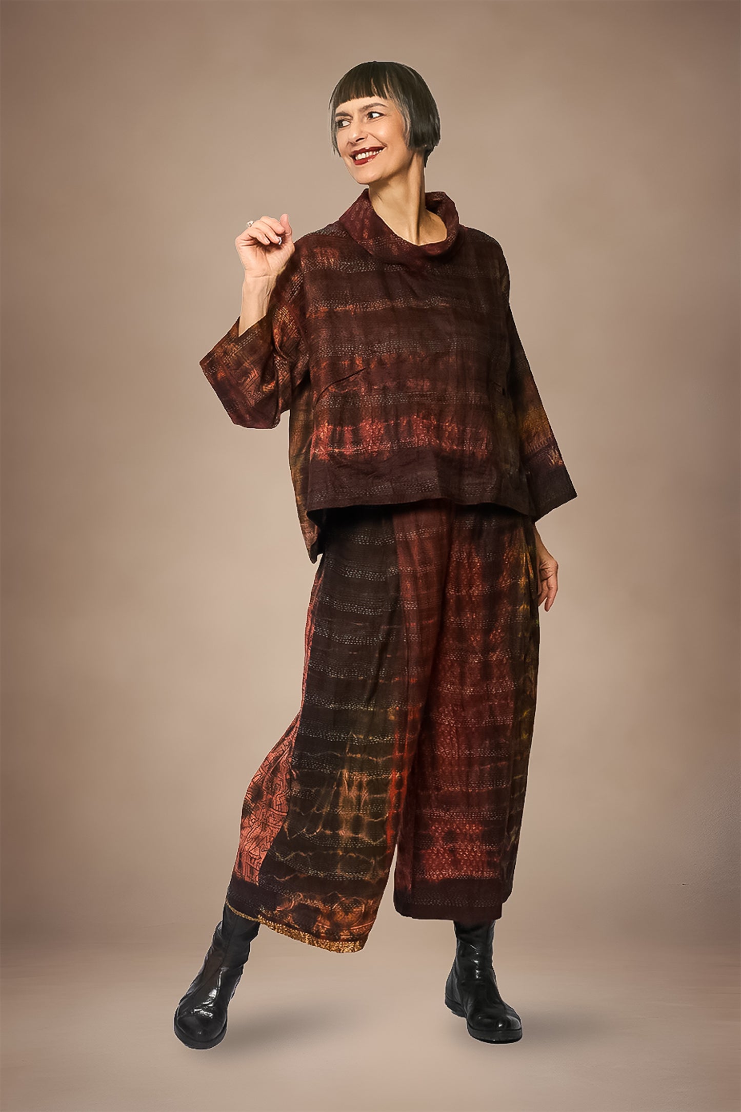 TIE DYE VINTAGE SILK KANTHA COWL PULLOVER - st-sv2547-brn -