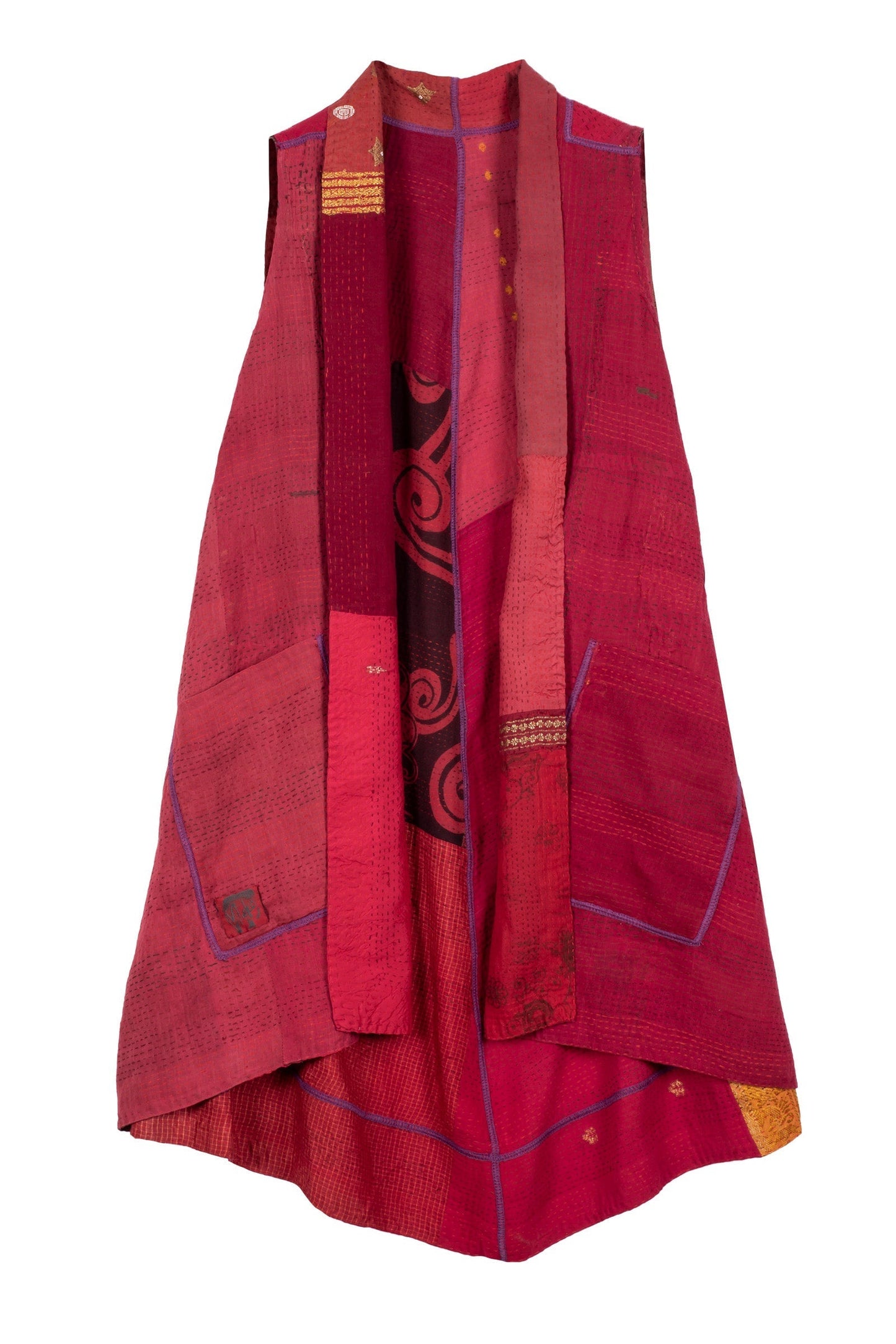COTTON SILK SW PATCH KANTHA A-LINE VEST - ws2203-red -