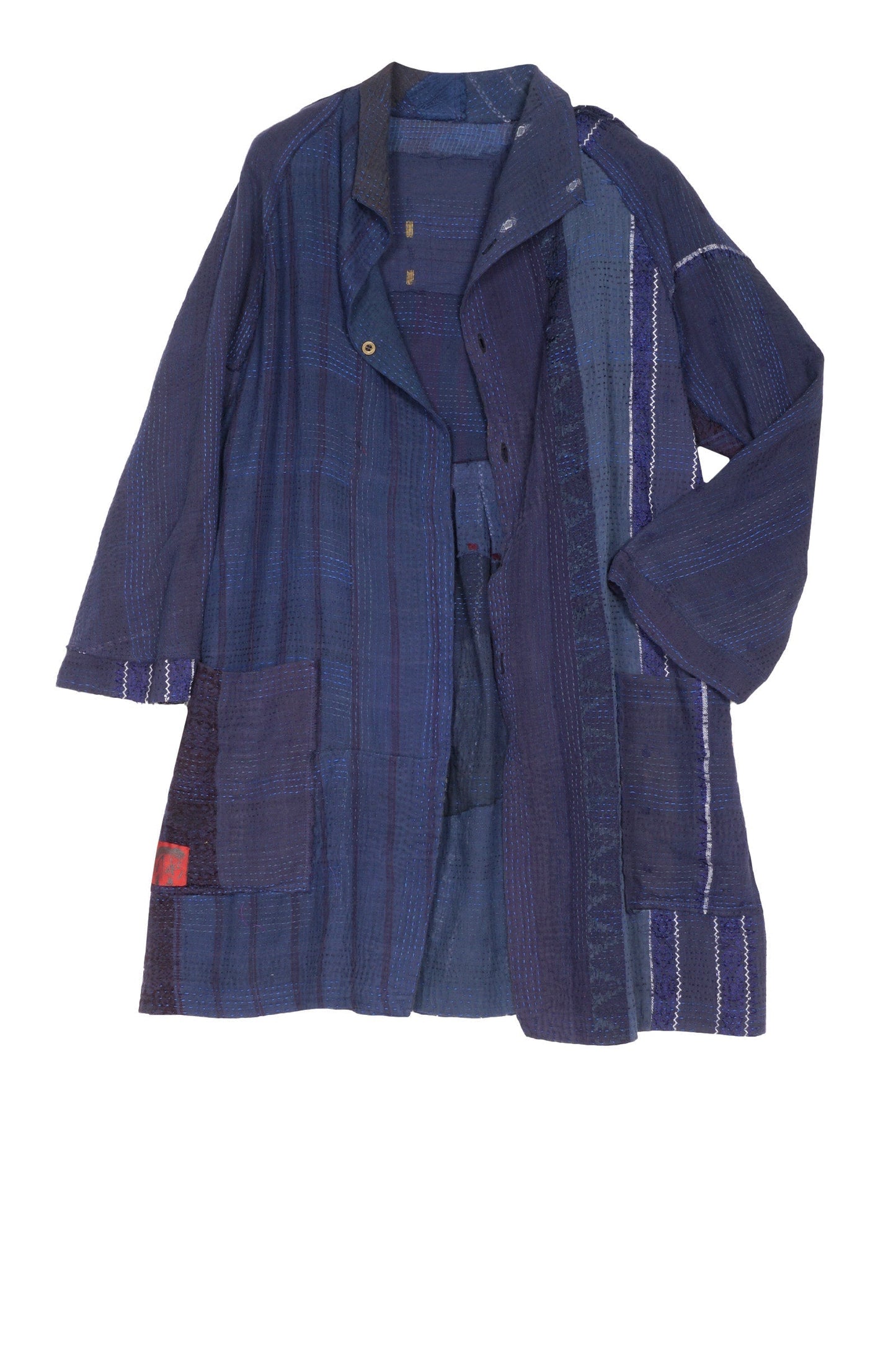 INDIGO WHITE FRAYED PATCH KANTHA BACK TUCKED TUNIC - iw2513-nvy -