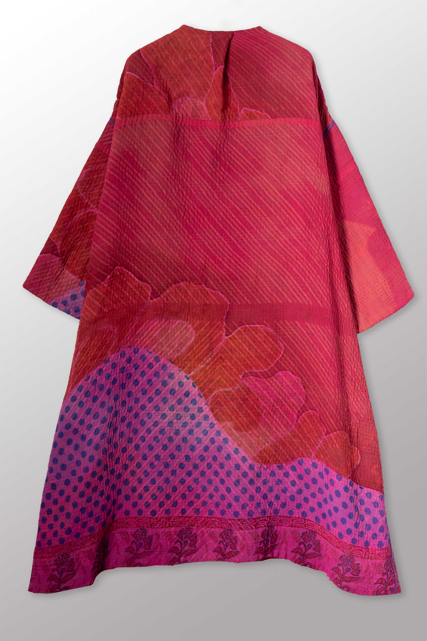 VINTAGE SILK GEORGETTE COTTON KANTHA LONG DUSTER - gc4328-0001a -