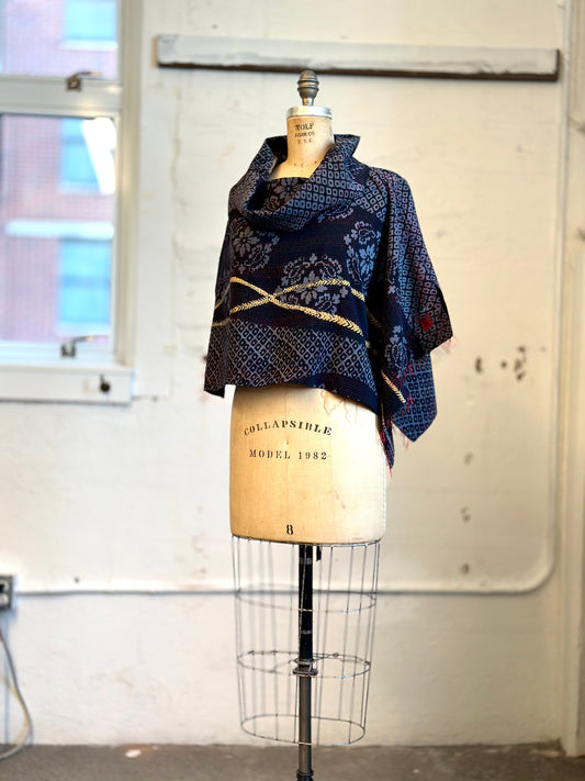 KIMONO PRINT KANTHA COWL NECK CAPE - kp2807-blk -