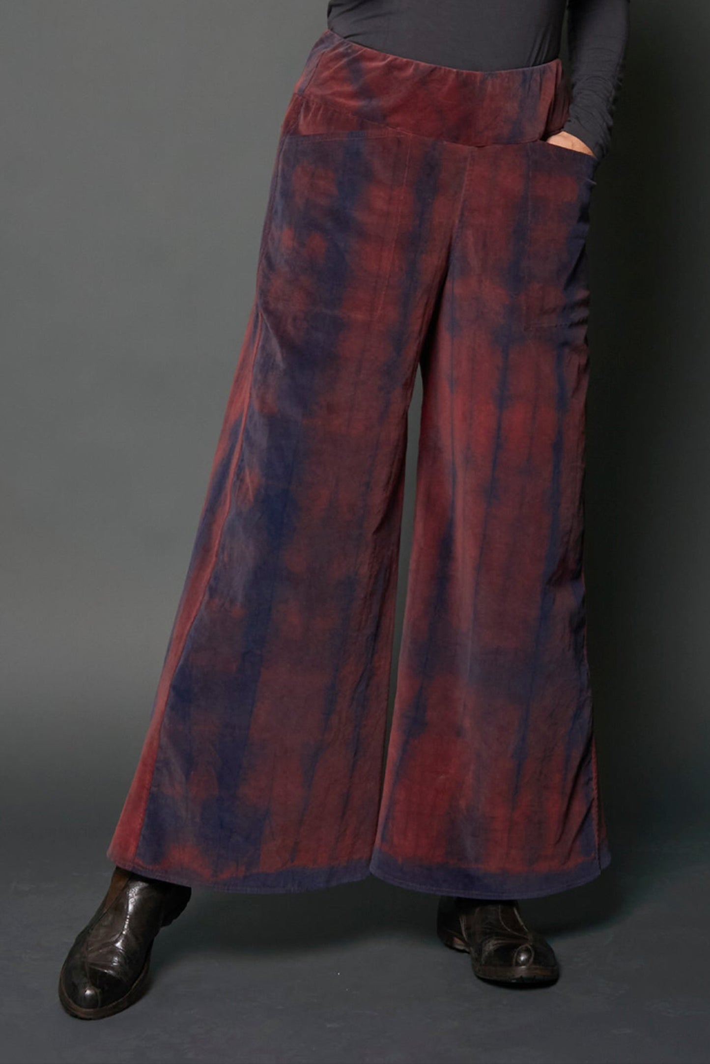 CORDUROY SHIBORI TIE DYE MID RISE WIDE LEG PANTS LONG - co1673-nvy -