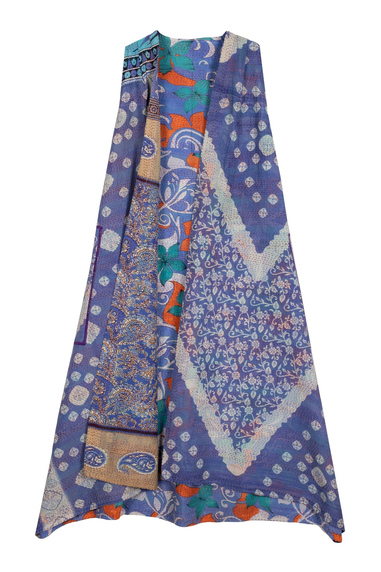 VINTAGE COTTON KANTHA BACK PLEATED VEST MAXI - cv2222-0008a -