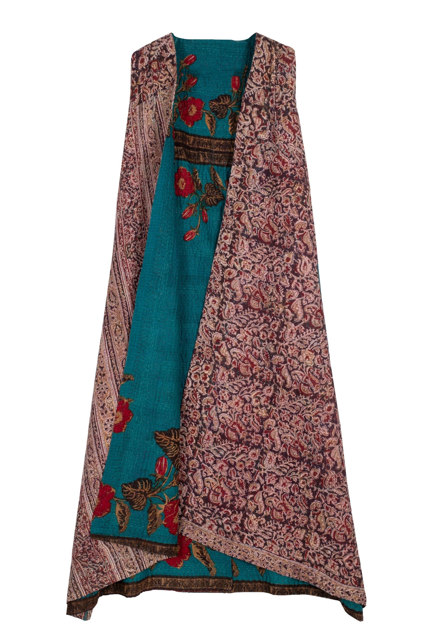 VINTAGE COTTON KANTHA BACK PLEATED VEST MAXI - cv4222-0011a -