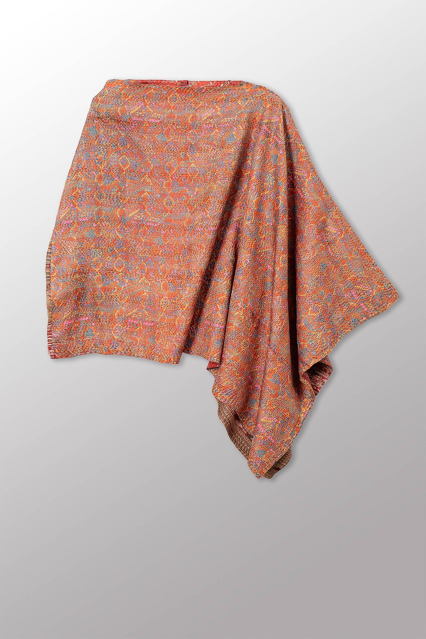 VINTAGE SILK KANTHA LONG CAPE - sv2841-0014a -
