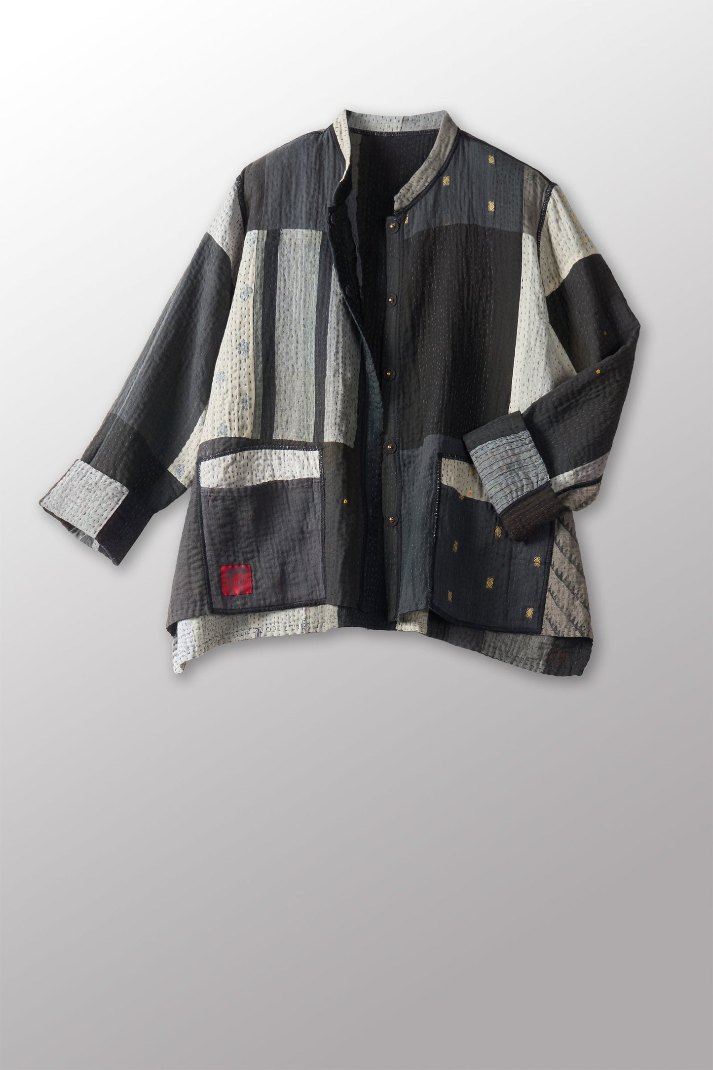 STRIPE AND CHECK COTTON SILK PATCH KANTHA KAFTAN JACKET SHORT - ss4088-blk -