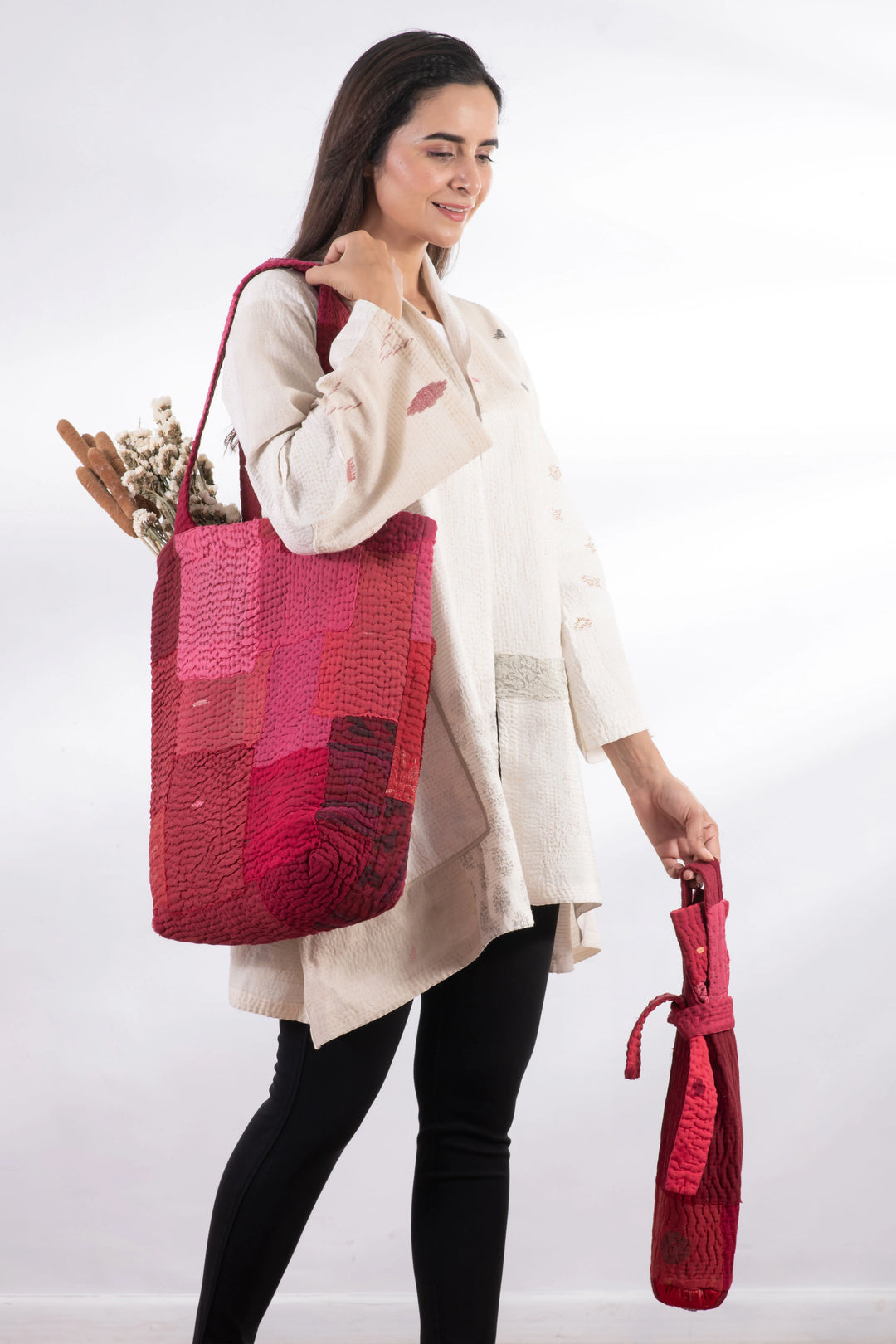 Landscape Handmade Vintage Kantha Wine Bag -Red