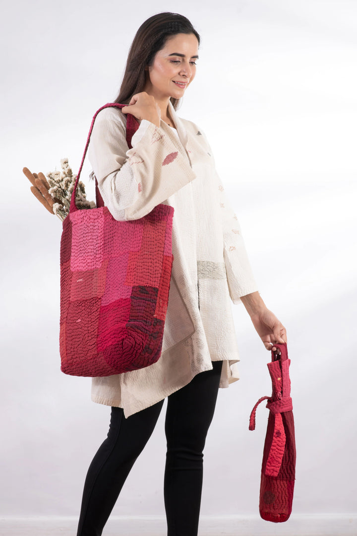 Landscape Handmade Vintage Kantha Wine Bag -Red