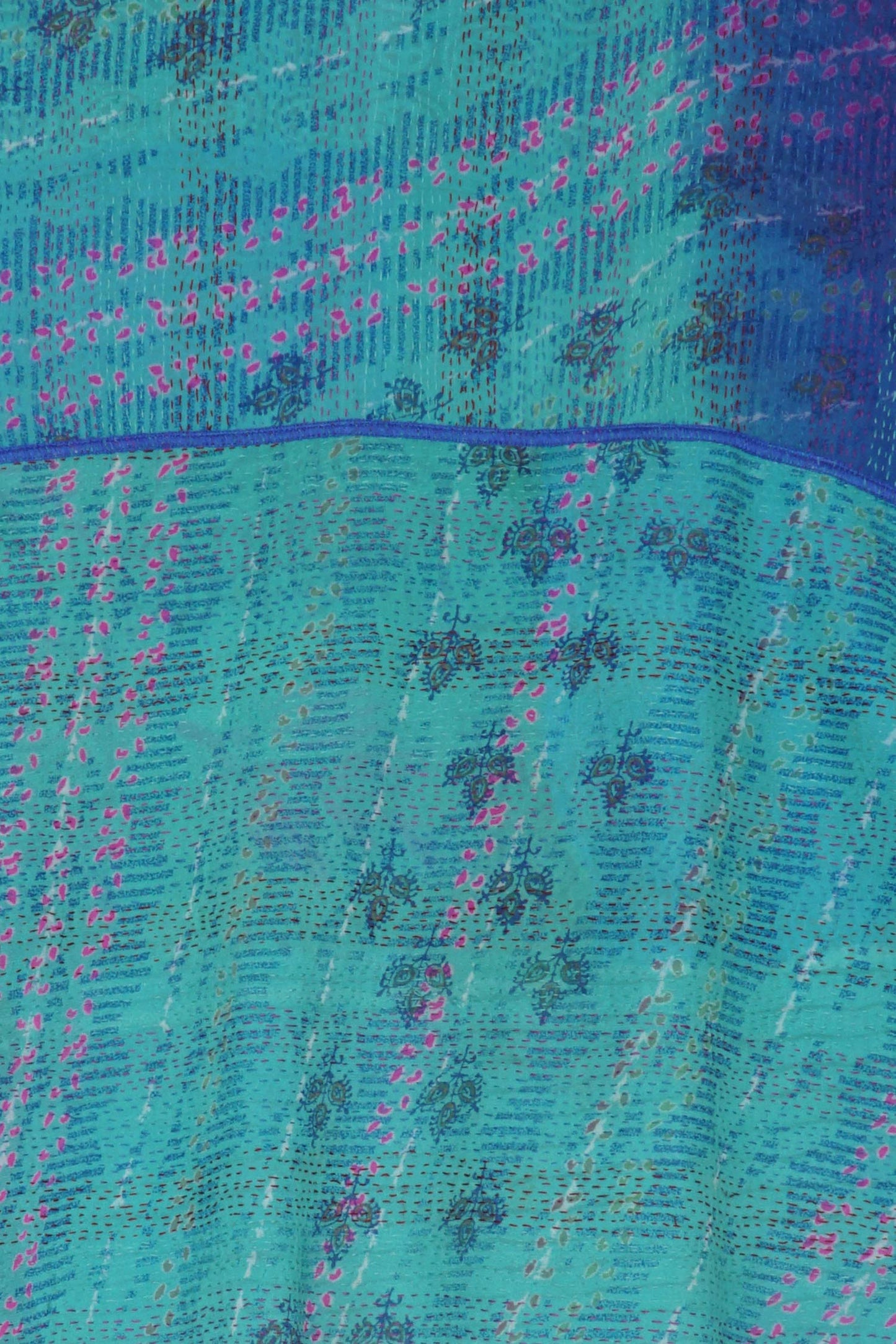 GEORGETTE VINTAGE SILK PATCH KANTHA CAP SLV. SHIRT - gs2530-blu -