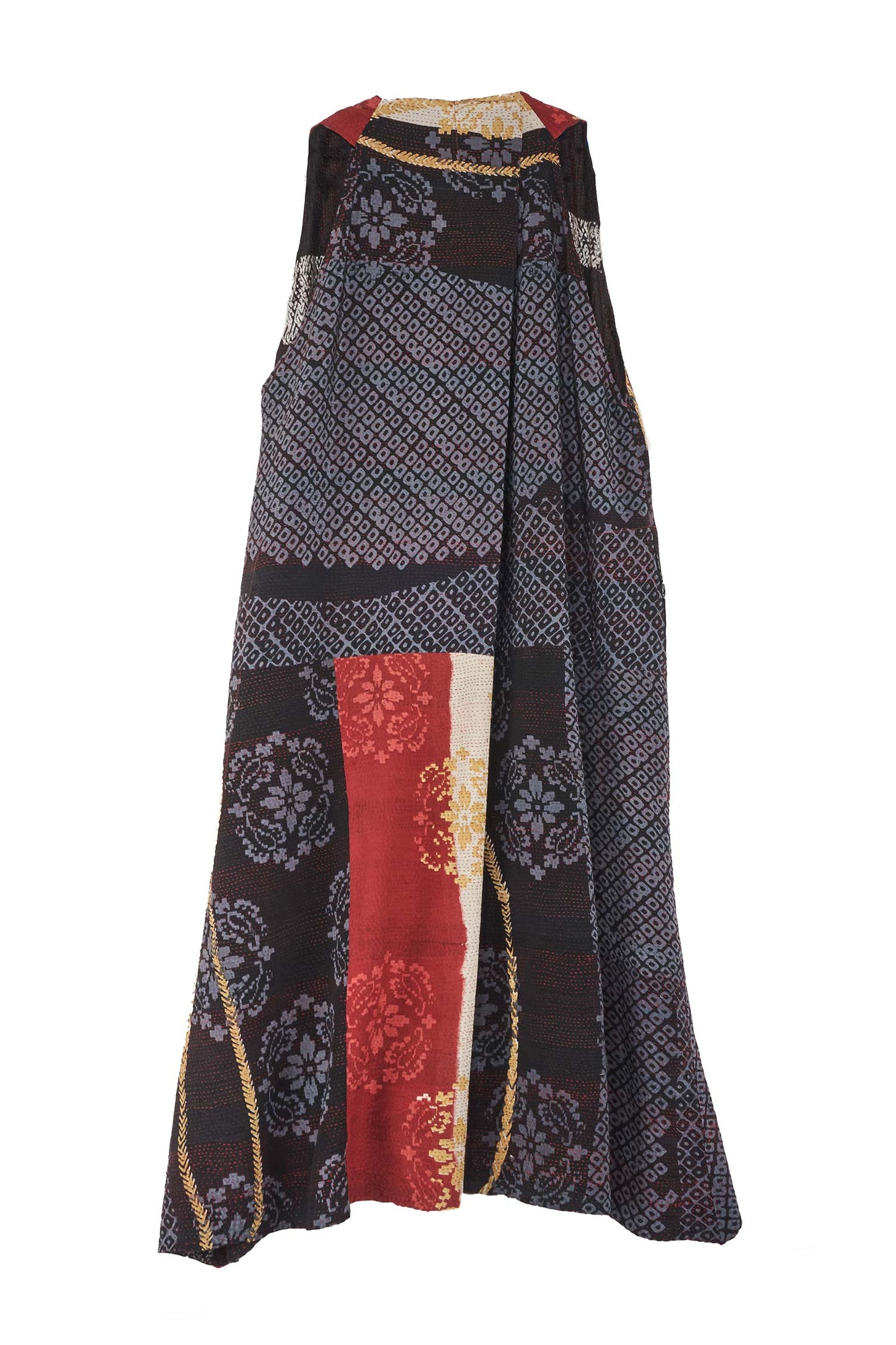 KIMONO PRINT KANTHA BACK PLEATED VEST MAXI - kp2222-blk -
