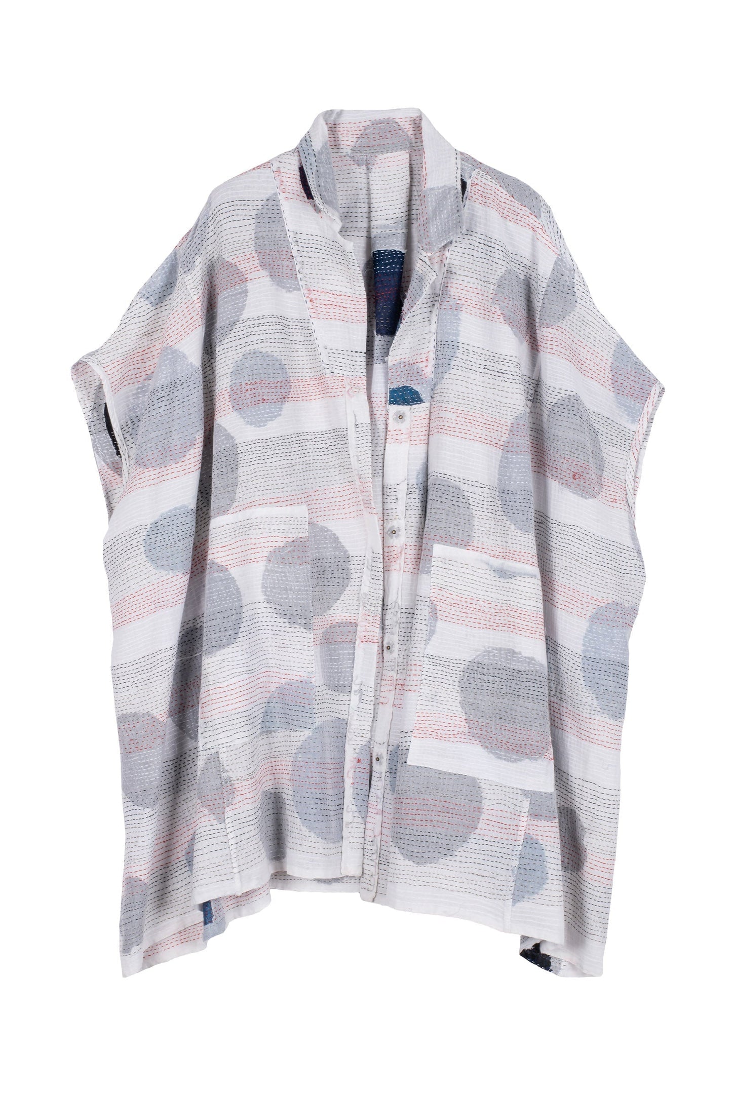 CUT OUT KANTHA SHIRT PONCHO - ck2545-wht -