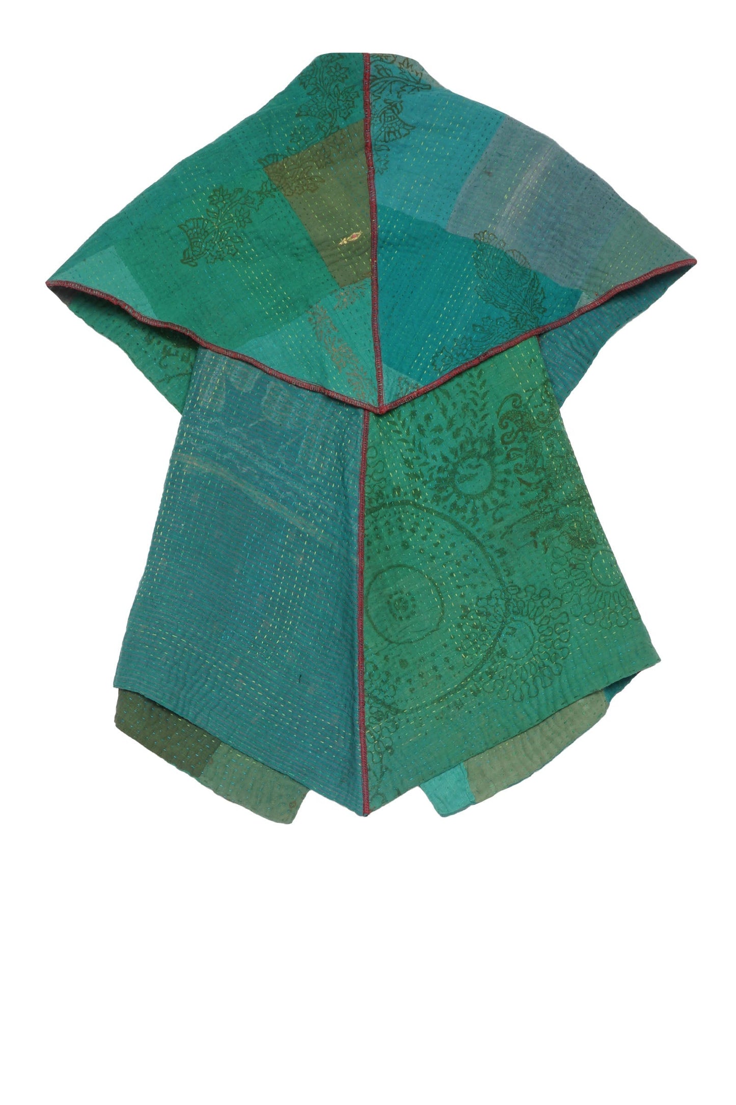 OMBRE PATCHED GOLD STAMP KANTHA CIRCULAR SHORT VEST - og4202-grn -