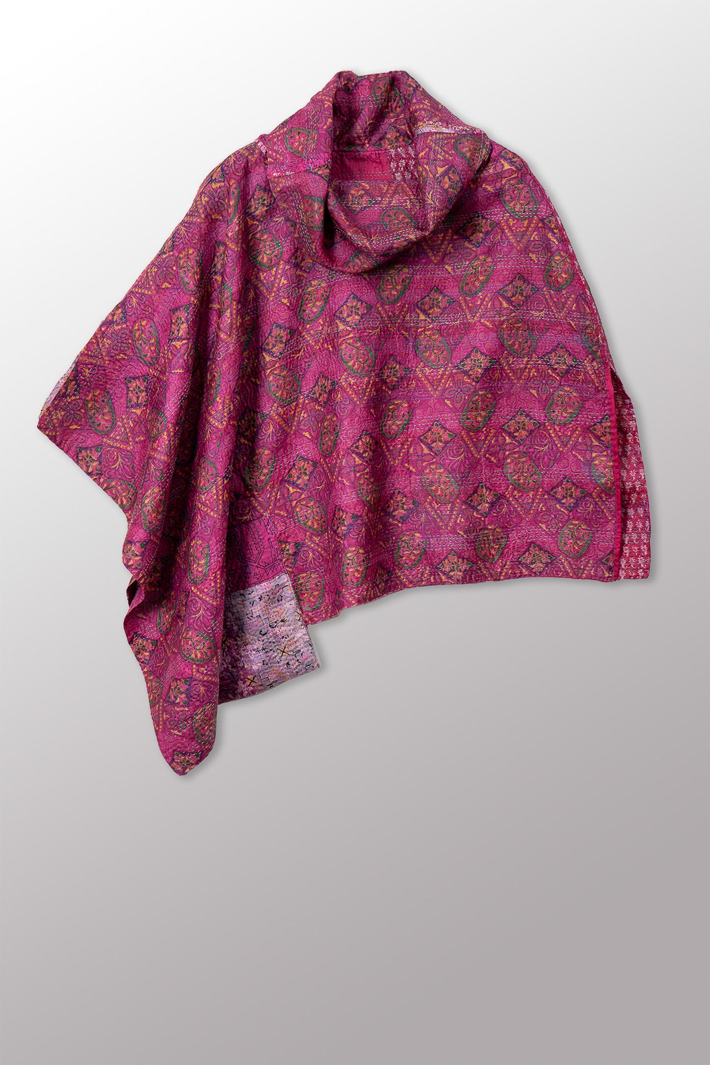 VINTAGE SILK KANTHA COWL NECK LONG CAPE - sv2842-0025a -