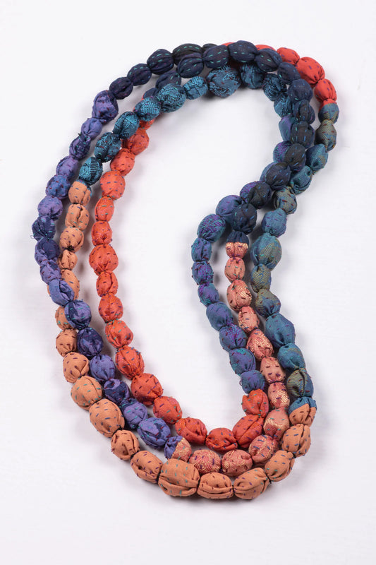 GEORGETTE JACQUARD VINTAGE SILK KANTHA TIE-BEADS LONG NECKLACE - gj2707-bor -