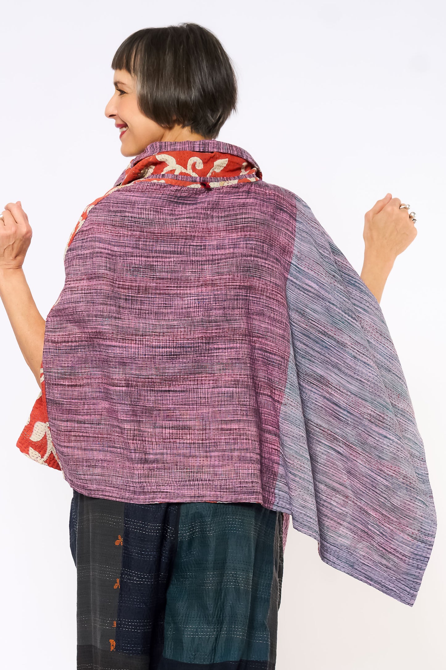 VINTAGE COTTON KANTHA COWL NECK LONG CAPE - cv2842-mlt -