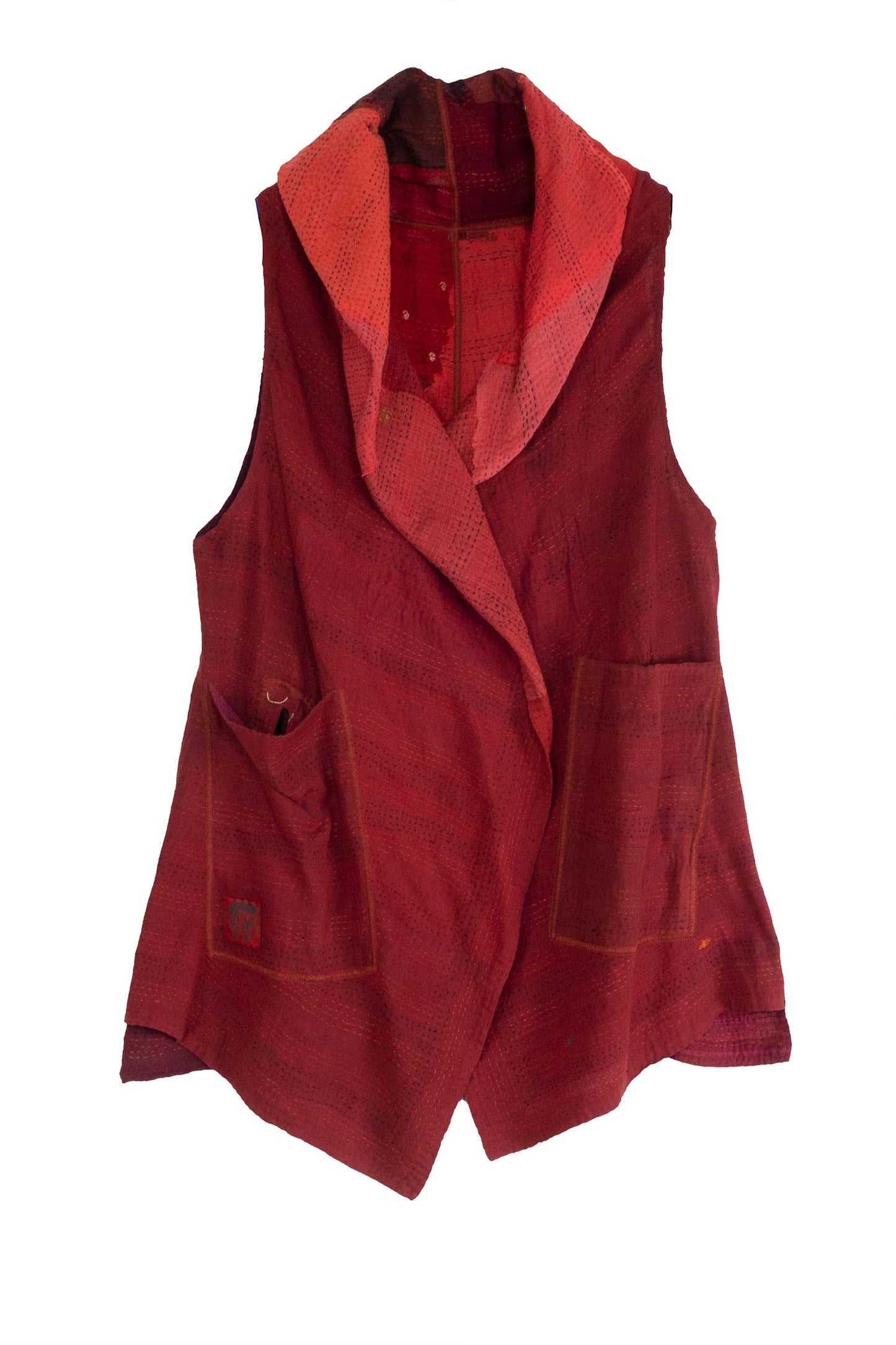 LANDSCAPE FRAYED PATCH KANTHA PUFF COLLAR VEST - lf2232-red -