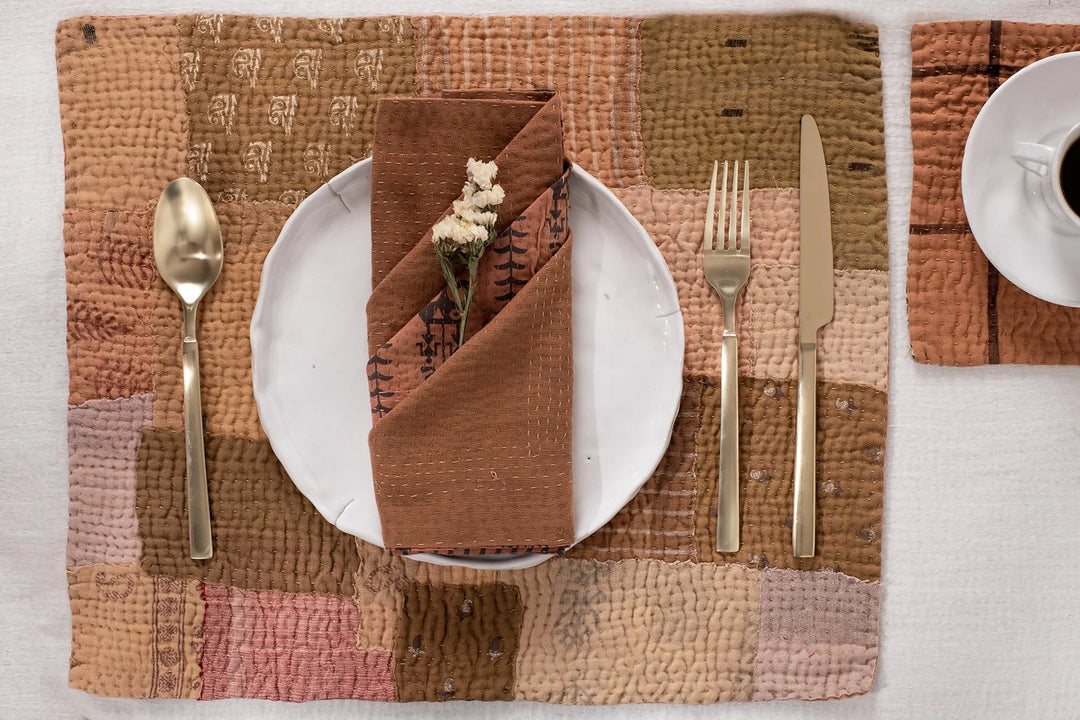 Mosaic Fray  Vintage Kantha Placemat -Mushroom -(Set of 2)
