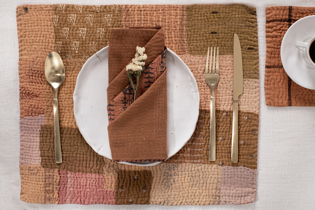 Mosaic Fray  Vintage Kantha Placemat -Mushroom -(Set of 2)