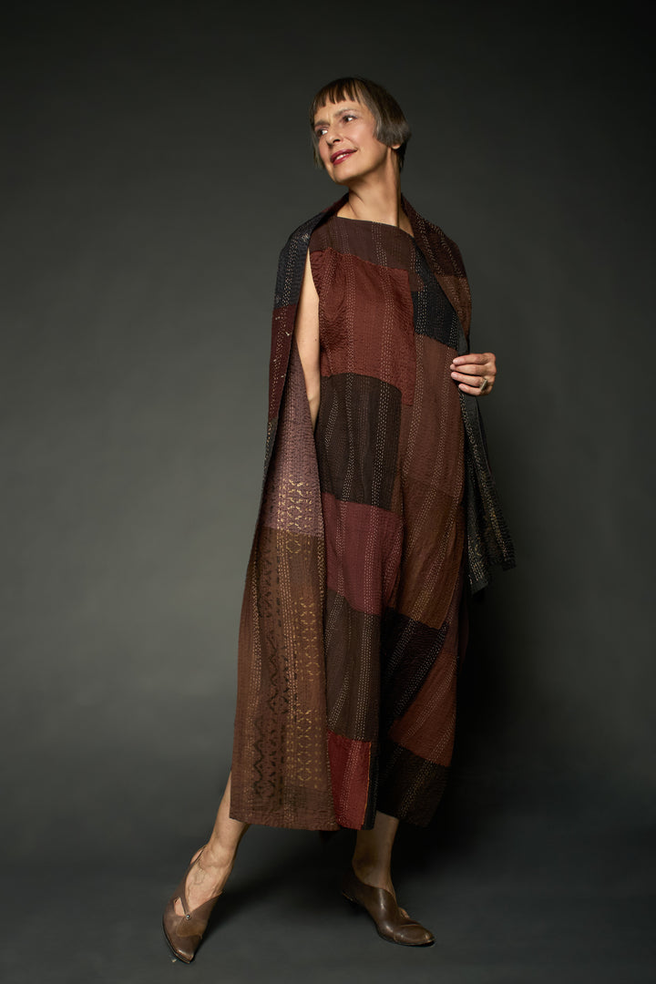 HALF SILK PATCH KANTHA ASYMMETRIC TUBE DRESS - hs2472-brn -
